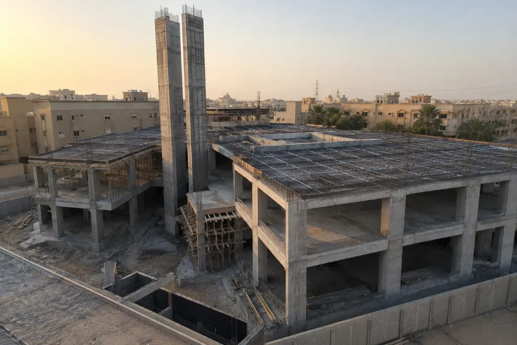 مشروع مسجد العتيبي تصميم مسجد أرضي وميزان بنظام البلاطات لاحقة الشد