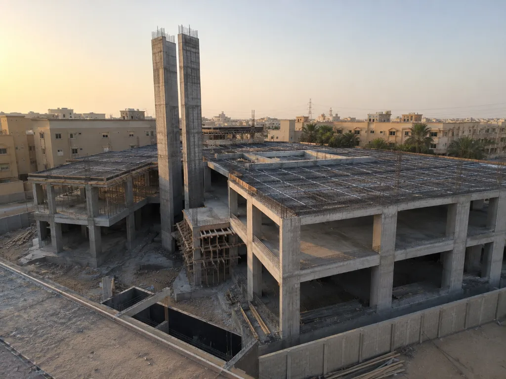 مشروع مسجد العتيبي تصميم مسجد أرضي وميزان بنظام البلاطات لاحقة الشد