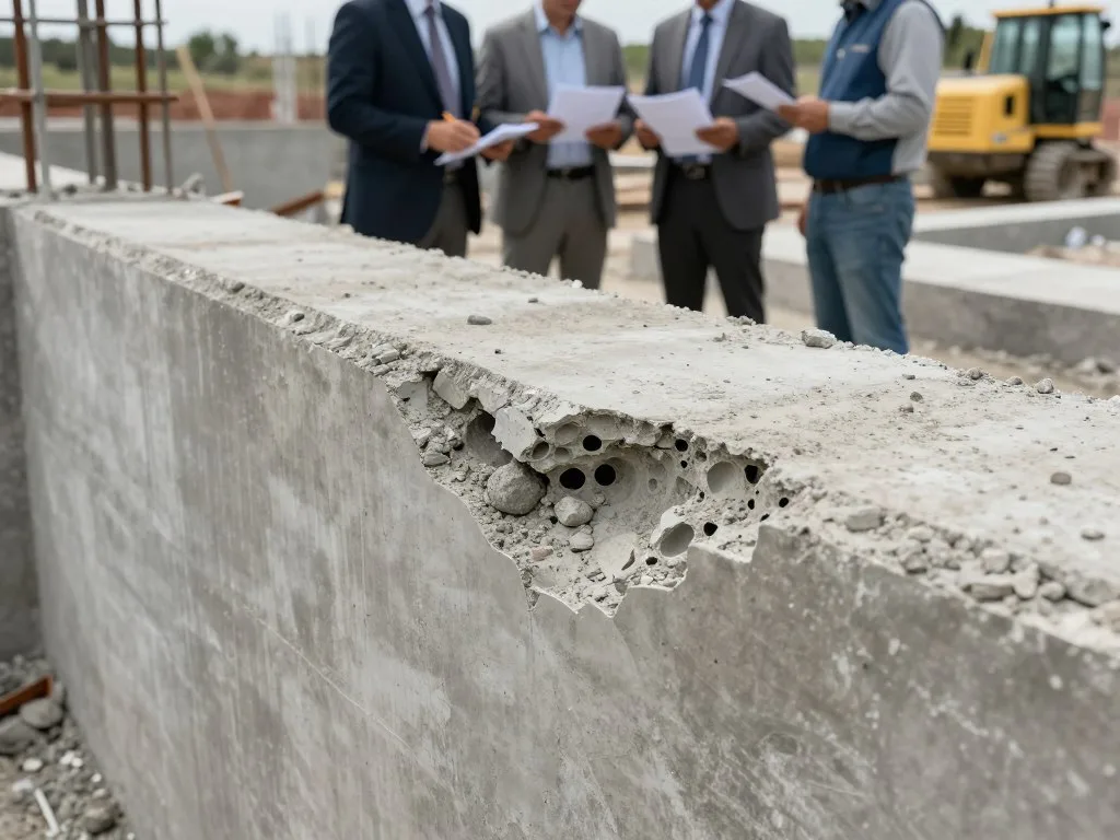 A close-up view of a concrete structure exhibiting severe honeycombing defects, highlighting the uneven surface and voids created by improper mixing and placement. In the foreground, depict a cracked section of the concrete, with visible aggregates and air pockets, emphasizing the structural weaknesses. In the middle ground, show construction workers in professional business attire inspecting the damage, using tools to measure and document the flaws. The background features a construction site with various concrete elements and machinery, bathed in soft daylight that highlights the texture of the concrete. The mood is serious and analytical, conveying the urgency of addressing these concrete issues. Include the brand name "hemamco.sa" subtly integrated into the design.