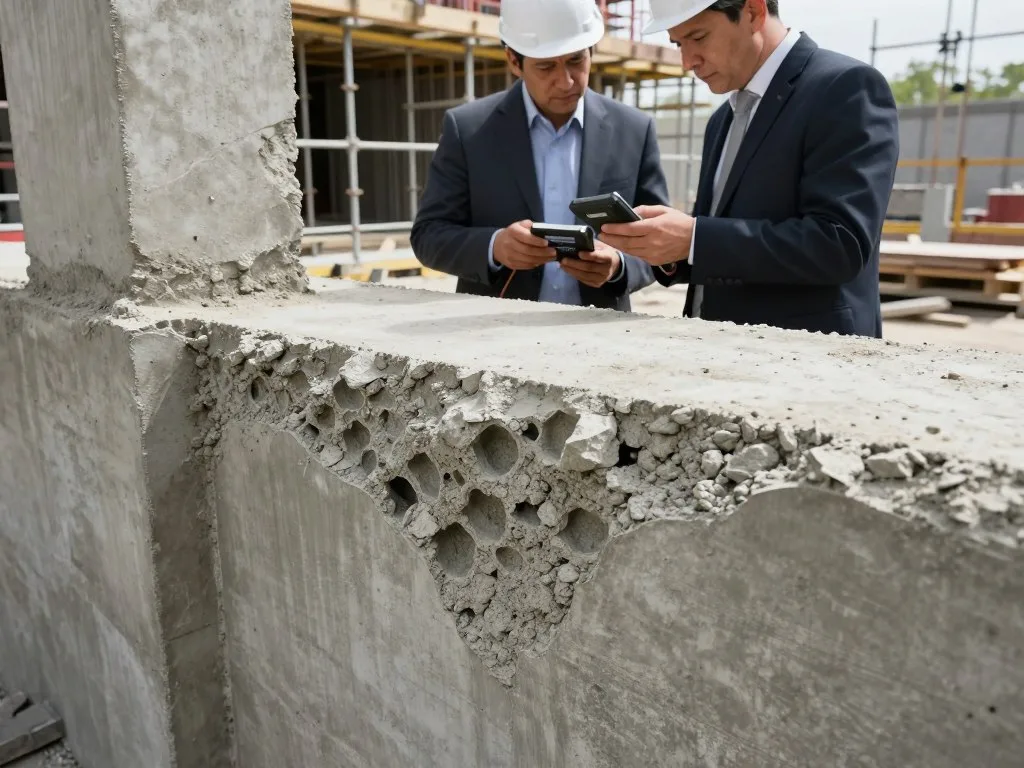 A detailed inspection image of concrete honeycombing, focusing on a damaged concrete structure. In the foreground, highlight a close-up view of the rough, uneven, and porous surface of the affected concrete, showcasing voids and aggregate exposure. The middle layer features a pair of engineers in professional business attire inspecting the concrete with a handheld device, discussing findings intently. In the background, a construction site with scaffolding and tools is visible under soft, natural daylight, casting subtle shadows that enhance the texture of the concrete. Capture the atmosphere of a serious investigation, emphasizing the importance of structural integrity. The scene is framed from a slightly low angle to emphasize the engineers’ engagement and the significance of the issue. Include the brand name "hemamco.sa" subtly integrated into the tools used.
