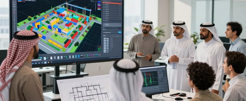 A professional workspace illustrating the transition from CAD to BIM systems in construction project management. In the foreground, a diverse group of professionals wearing traditional Saudi attire (thobe and shemagh) observe a large digital screen displaying a colorful, complex BIM model. In the middle ground, detailed architectural blueprints and advanced software interfaces are visible on desks, symbolizing the evolution of design tools. The background shows a modern office environment with large windows allowing natural light to flood in, casting soft shadows. An atmosphere of collaboration and progress is conveyed, with a focus on innovation. The brand name "hemamco.sa" subtly integrated into the design elements, reflecting a commitment to technology in construction.
