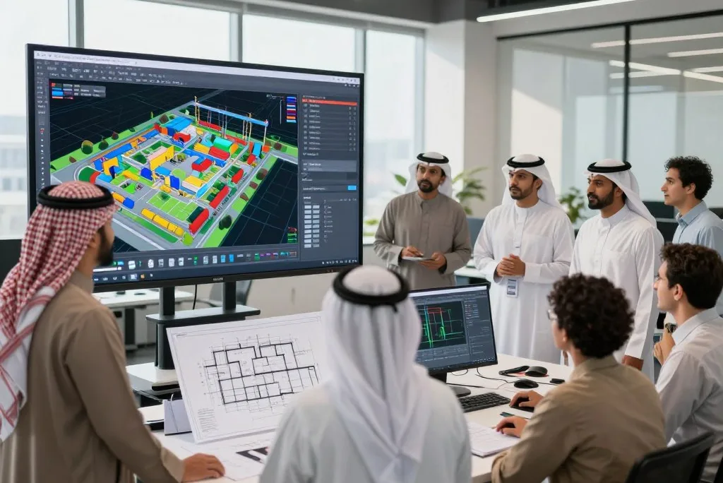A professional workspace illustrating the transition from CAD to BIM systems in construction project management. In the foreground, a diverse group of professionals wearing traditional Saudi attire (thobe and shemagh) observe a large digital screen displaying a colorful, complex BIM model. In the middle ground, detailed architectural blueprints and advanced software interfaces are visible on desks, symbolizing the evolution of design tools. The background shows a modern office environment with large windows allowing natural light to flood in, casting soft shadows. An atmosphere of collaboration and progress is conveyed, with a focus on innovation. The brand name "hemamco.sa" subtly integrated into the design elements, reflecting a commitment to technology in construction.