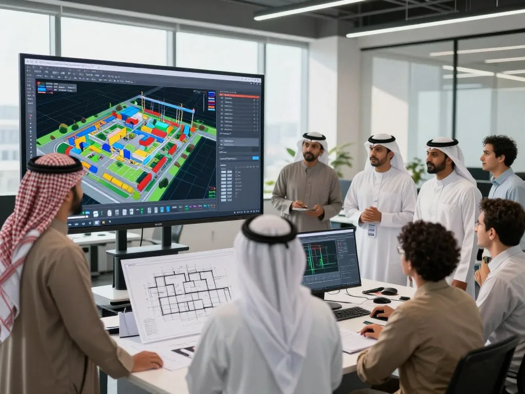 A professional workspace illustrating the transition from CAD to BIM systems in construction project management. In the foreground, a diverse group of professionals wearing traditional Saudi attire (thobe and shemagh) observe a large digital screen displaying a colorful, complex BIM model. In the middle ground, detailed architectural blueprints and advanced software interfaces are visible on desks, symbolizing the evolution of design tools. The background shows a modern office environment with large windows allowing natural light to flood in, casting soft shadows. An atmosphere of collaboration and progress is conveyed, with a focus on innovation. The brand name "hemamco.sa" subtly integrated into the design elements, reflecting a commitment to technology in construction.