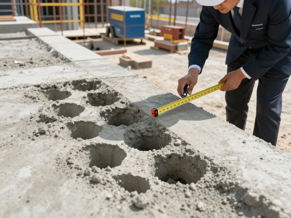  concrete honeycombing, s inspects the affected area with a measuring tool, emphasizing the human aspect of quality control. The background features a construction site with forms and equipment partially visible, under bright daylight that casts clear shadows, highlighting the textures of the concrete. The overall mood is one of urgency and concern, illustrating the severe implications of insufficient concrete mixing and pouring techniques. The image should maintain a realistic style with intricate details on the concrete surface to effectively convey the topic. Include the brand name "hemamco.sa" subtly integrated into the scene.