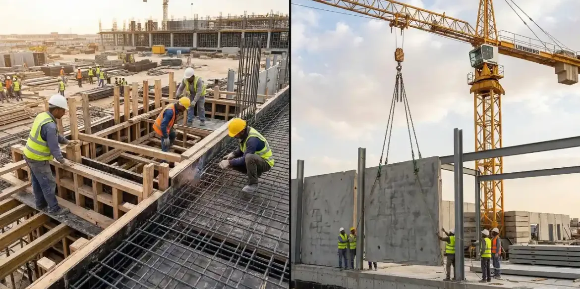 البناء الجاهز (Precast) مقابل البناء التقليدي | دليل هندسي لاختيار الأنسب لمشروعك