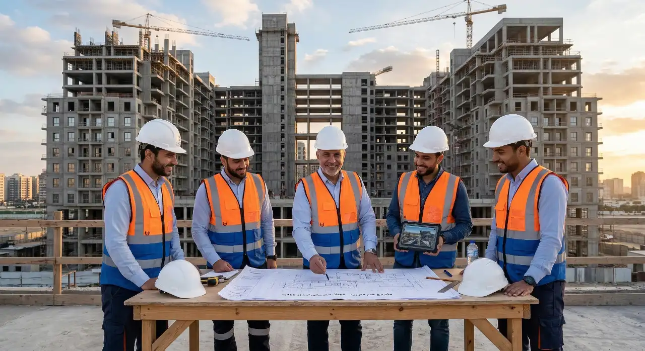 مهندسو شركة همم العروبة يراجعون مخططات البناء التقليدي والجاهز في مشاريع السعودية