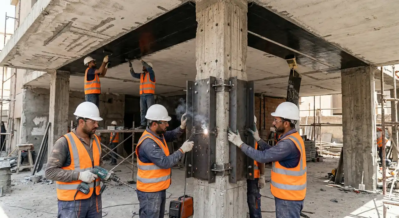 طرق تدعيم الخرسانة باستخدام القمصان الحديدية وألياف الكربون في مشاريع الترميم