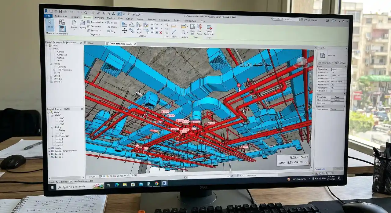 دليلك الشامل لـ استخدام أنظمة الـ BIM في إدارة مشاريع المقاولات 3 النص البديل (Alt Text): كشف التعارضات والتنسيق بين التخصصات عبر تصميم كهروميكانيكي ذكي بنظام BIM