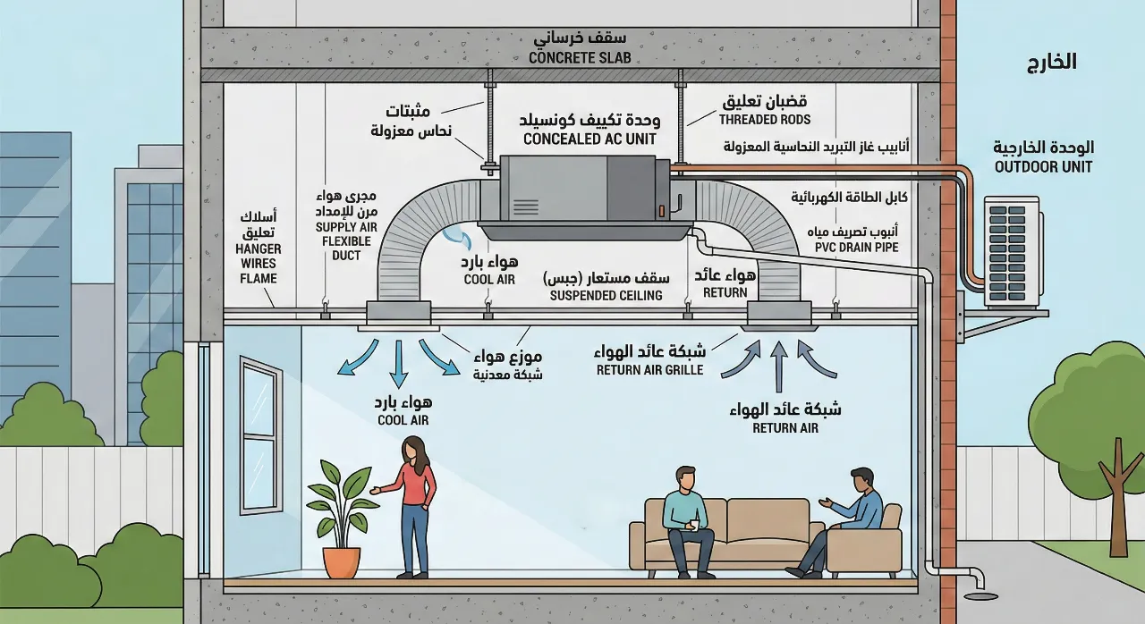 شكل توضيحي لمكيفات الكونسيلد المخفية داخل المنازل