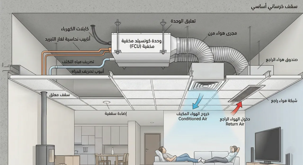 مخطط يوضح تركيب مكيفات الكونسيلد المخفية فوق السقف المعلق.
