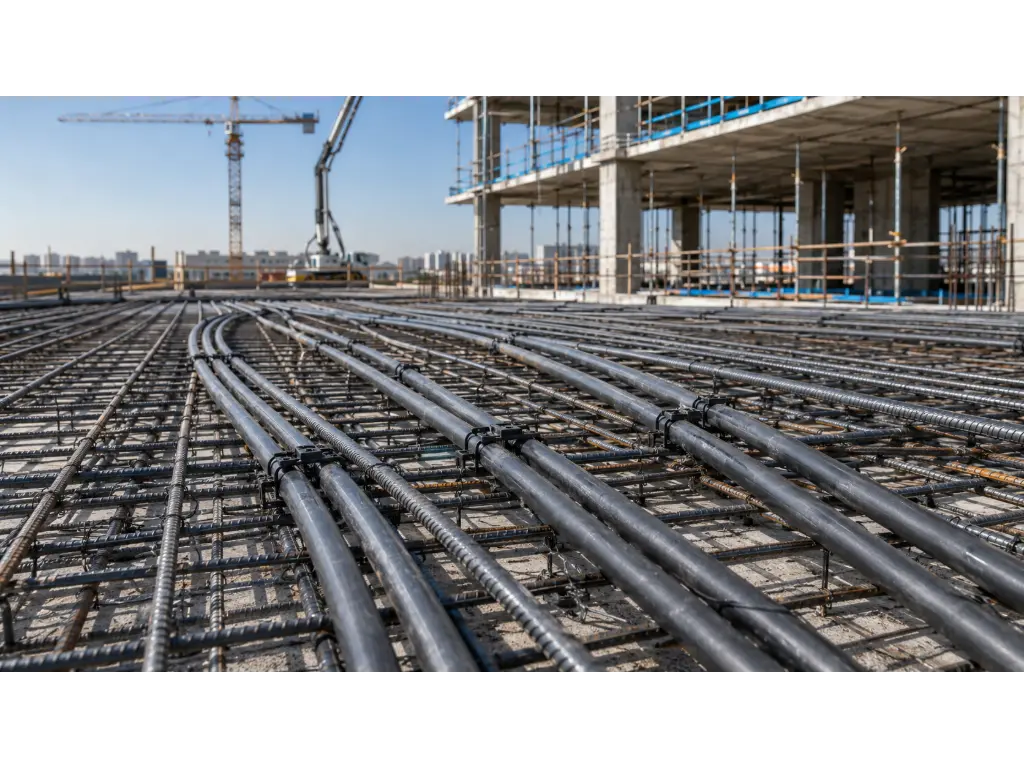 ما هي البلاطات لاحقة الشد؟ ولماذا تُستخدم في المشاريع الإنشائية الكبرى؟ 3 موقع إنشائي يتم فيه تجهيز البلاطات بنظام الشد اللاحق قبل صب الخرسانة