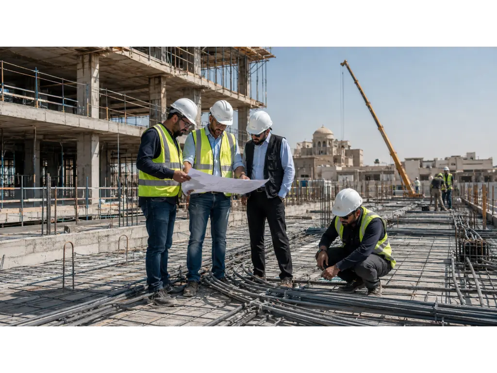 ما هي البلاطات لاحقة الشد؟ ولماذا تُستخدم في المشاريع الإنشائية الكبرى؟ 2 كابلات الشد اللاحق وشبكة التسليح داخل بلاطة خرسانية قبل تنفيذ الصب