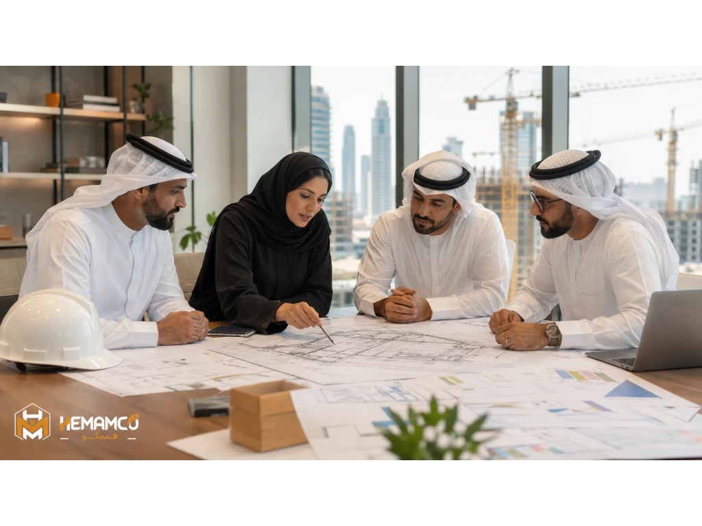 الهندسة القيمية في مشاريع البناء: كيف تقلل التكلفة دون التأثير على الجودة؟ 2 فريق هندسي يراجع حلول الهندسة القيمية لمشروع إنشائي