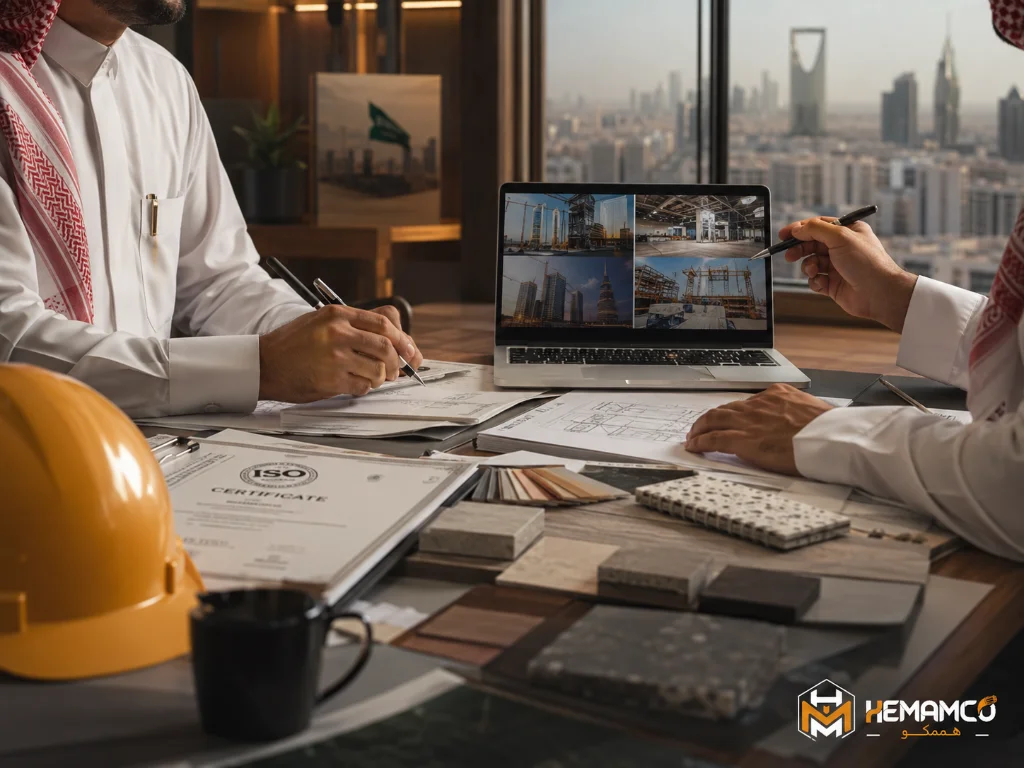 كيف تختار شركة مقاولات في السعودية لتنفيذ مشروعك؟ 2 فريق هندسي يراجع مخططات مشروع قبل بدء التنفيذ