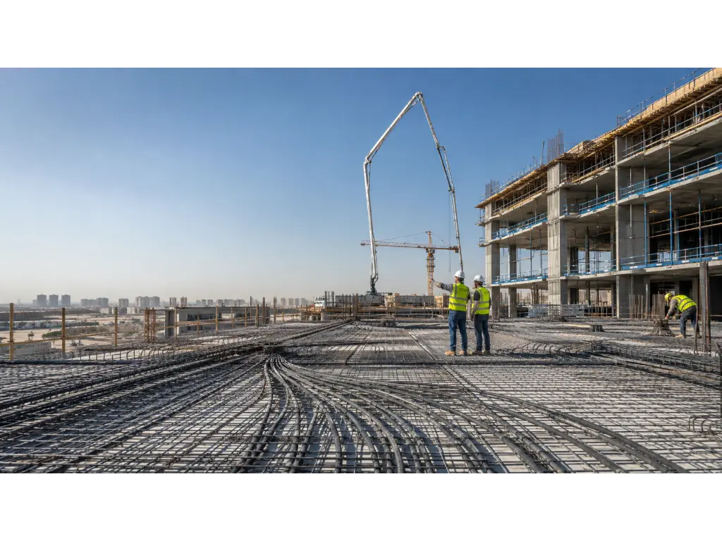 ما هي البلاطات لاحقة الشد؟ ولماذا تُستخدم في المشاريع الإنشائية الكبرى؟ 4 كابلات الشد اللاحق وشبكة التسليح داخل بلاطة خرسانية قبل تنفيذ الصب
