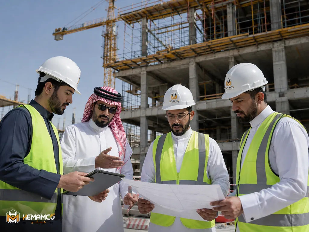 كيف تختار شركة مقاولات في السعودية لتنفيذ مشروعك؟ 3 متابعة تنفيذ مشروع إنشائي داخل موقع بناء في السعودية