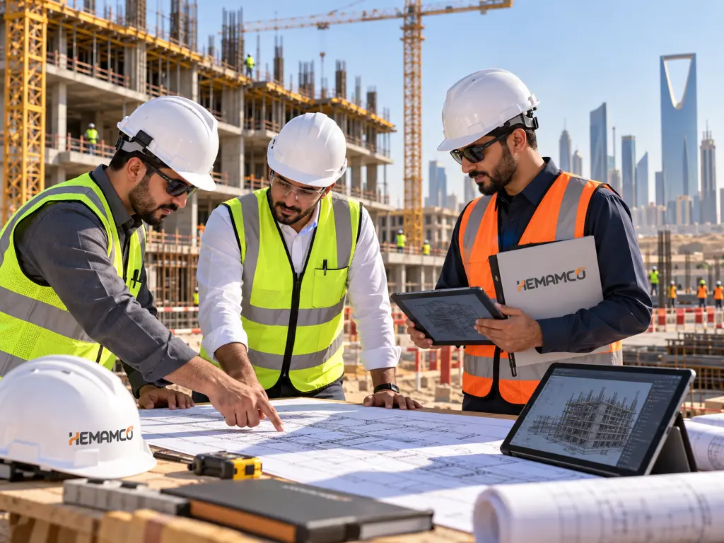 مهندسو هممكو يراجعون مخططات نظام الشد اللاحق في مشروع إنشائي